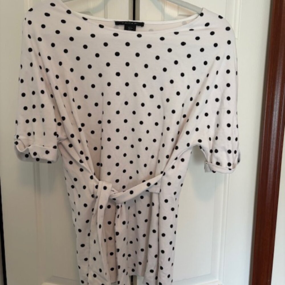 Tahari polka dot white and black top, Medium with front tie